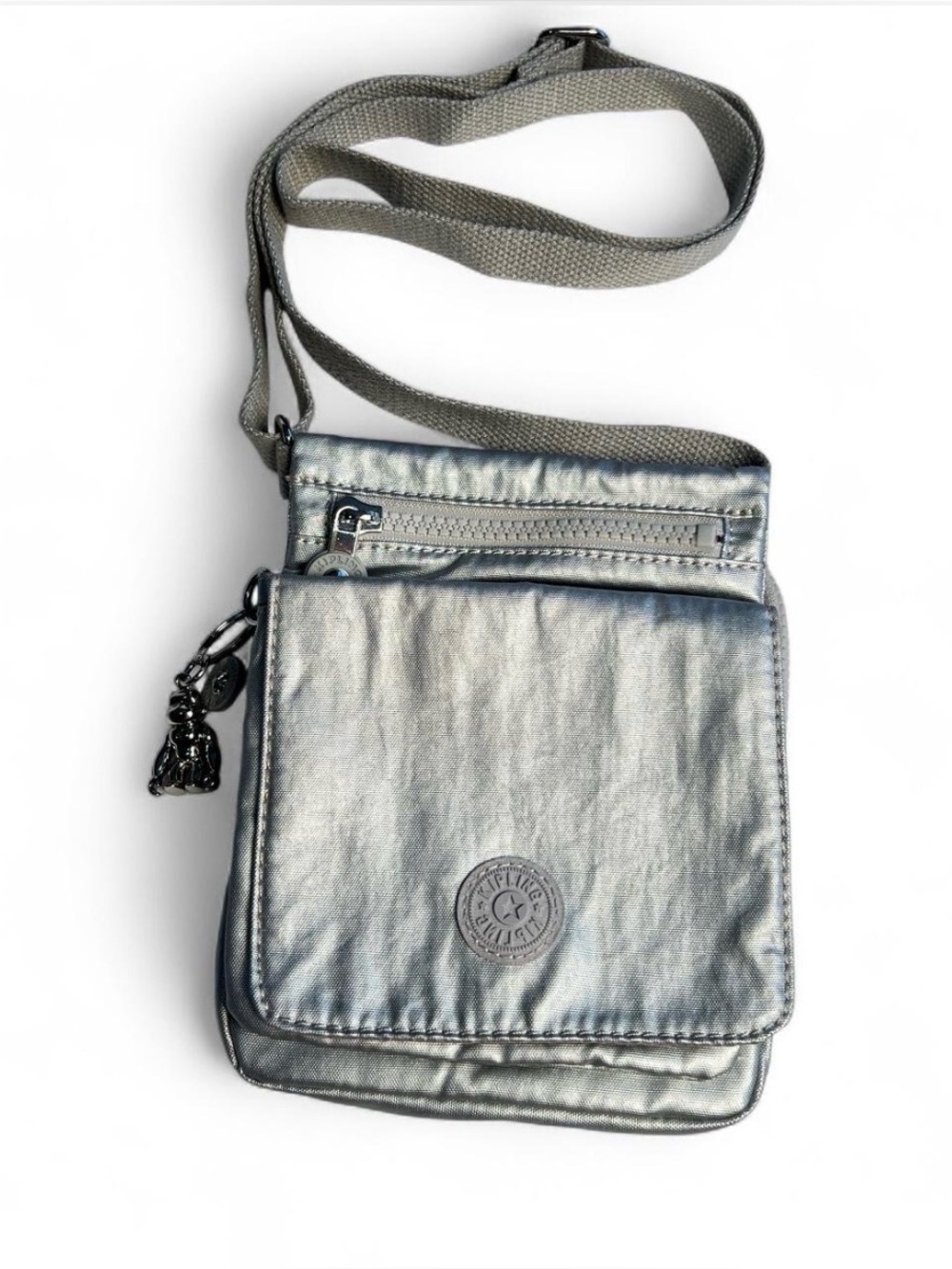 Kipling New Eldorado Silver Metallic Crossbody Bag Monkey Charm